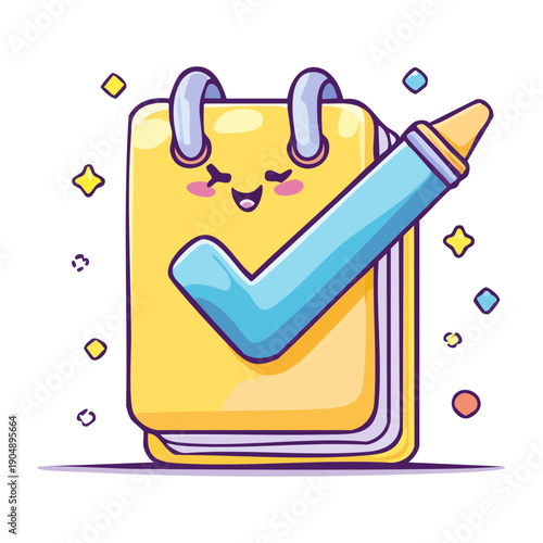 Happy yellow notepad character with a blue pencil and checkmark for productivity Graphic Asset
