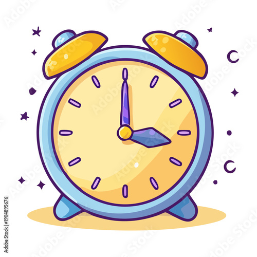 Simple yellow alarm clock with blue details and bells for morning wakeup Graphic Asset