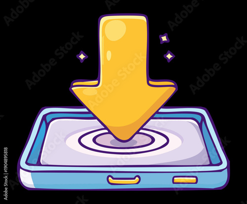 Glowing yellow down arrow over a digital tablet screen for mobile application download Graphic Asset