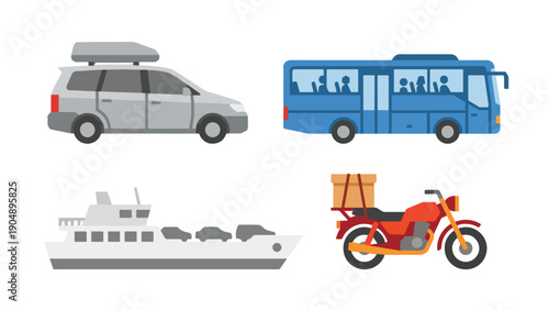 Mudik Homecoming Transportation Vehicle Set, Eid Holiday Travel Car Bus Boat Motorbike Collection