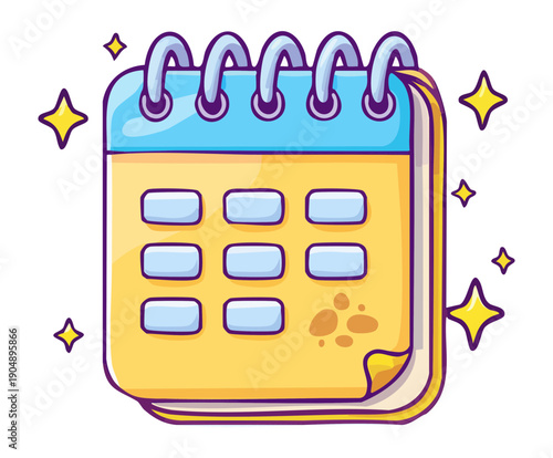 Colorful wall calendar with yellow pages and blue binder for schedule planning and events Graphic Asset