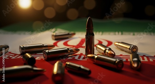 High angle view of live ammunition and spent shells on the Iranian flag background. Symbolizes war, defense capabilities, and government policy
