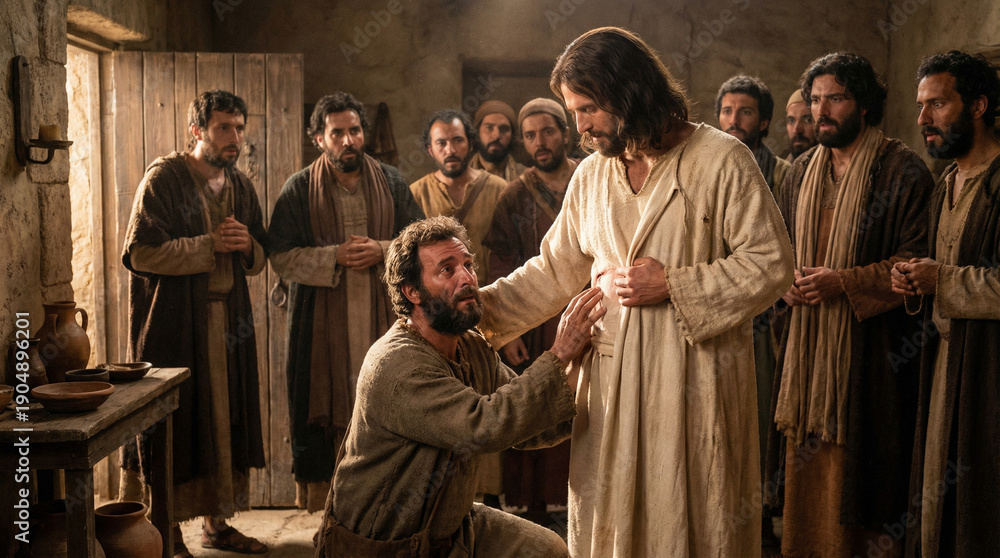 Fototapeta premium Jesus appearing to doubting Thomas and the disciples in the locked Upper Room in Jerusalem