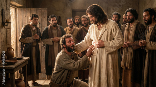 Jesus appearing to doubting Thomas and the disciples in the locked Upper Room in Jerusalem