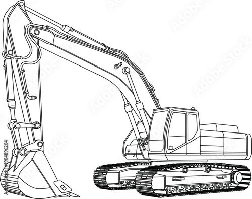 Industrial machinery collection featuring detailed excavator line art drawings and various utility trailer silhouettes for construction, logistics, and heavy hauling.