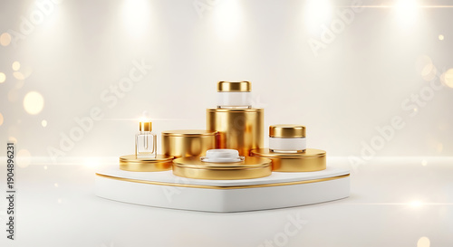 Wallpaper Mural Luxurious gold and white skincare products on a decorative white pedestal with elegant lighting Torontodigital.ca