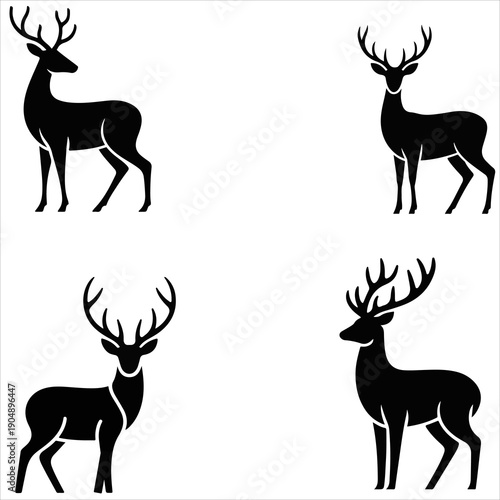 Set of deer silhouettes featuring wild forest animals like reindeer and elk in a black vector illustration design with majestic antlers for nature and Christmas wildlife themes