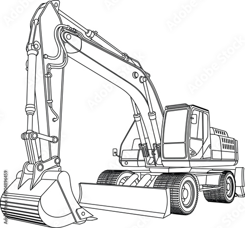 Industrial heavy machinery and transport collection featuring detailed excavator line art and various utility trailer silhouettes for construction and logistics