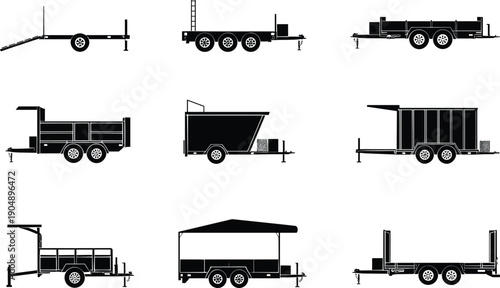 Industrial collection of utility trailer silhouettes featuring flatbed, enclosed cargo, landscape, tilt deck, and heavy duty hauling equipment icons for logistics.