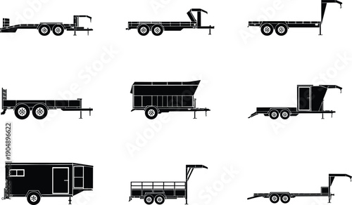 Collection of professional utility trailer silhouettes including flatbed, gooseneck, car hauler, livestock, and enclosed transport equipment for logistics and industrial design