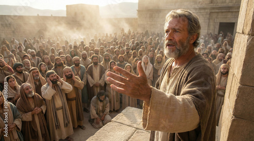 Peter preaching to the crowds on Pentecost, a powerful dynamic shot of the Apostle filled with the Holy Spirit