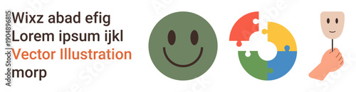 Mental health, personal identity, emotional wellbeing, problem-solving, self-expression, psychology. happy face, colorful puzzle pieces hand holding a mask. Mental health and personal identity