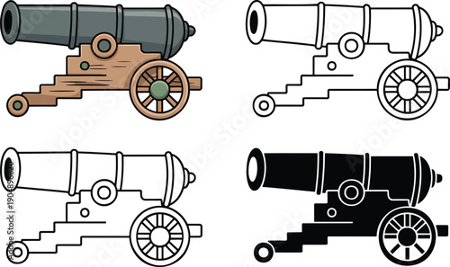 Vintage cannon silhouette & Outline and illustration set isolated on transparent background