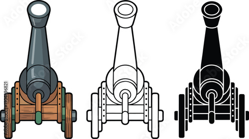 Vintage cannon silhouette & Outline and illustration set isolated on transparent background