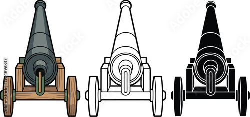Vintage cannon silhouette & Outline and illustration set isolated on transparent background