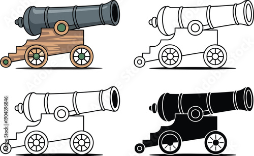 Vintage cannon silhouette & Outline and illustration set isolated on transparent background