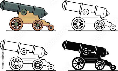 Vintage cannon silhouette & Outline and illustration set isolated on transparent background