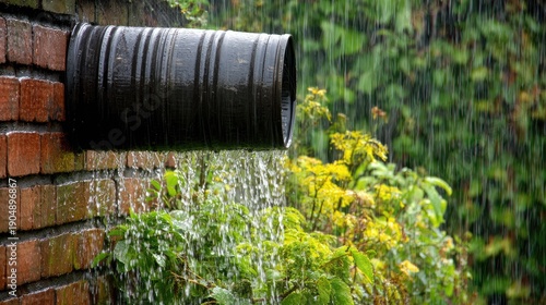 Rainwater gushing from a drainpipe against a brick wall and greenery