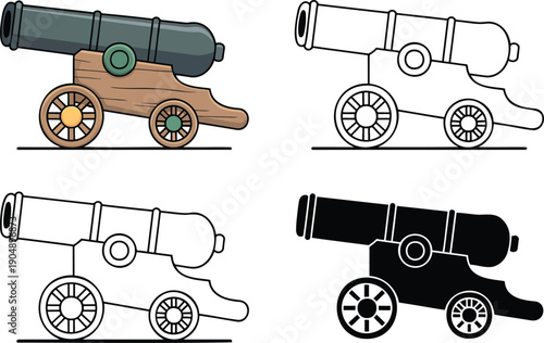 Vintage cannon silhouette & Outline and illustration set isolated on transparent background