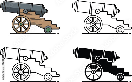 Vintage cannon silhouette & Outline and illustration set isolated on transparent background