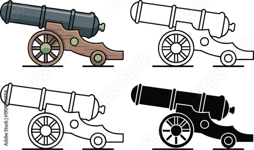 Vintage cannon silhouette & Outline and illustration set isolated on transparent background