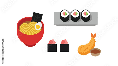 Japanese Fast Food Cuisine Menu Icon Set, Ramen Sushi Onigiri Tempura Collection Illustration