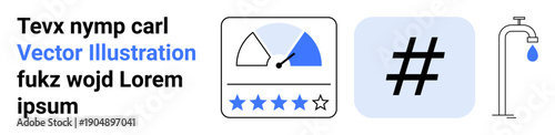 Colorful speedometer rating icon with stars, bold metadata tag icon, and water faucet with droplet. Ideal for data visualization, social media, ratings, eco awareness, analytics, technology simple