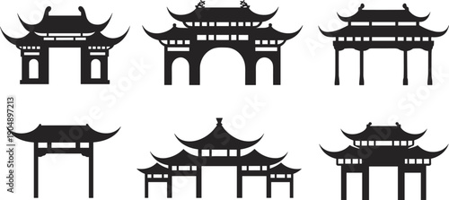 Traditional Chinese Pagoda Gate Vector Silhouette Collection Set of Asian Architectural Paifang and Japanese Torii Icons for Oriental Culture Graphic Design