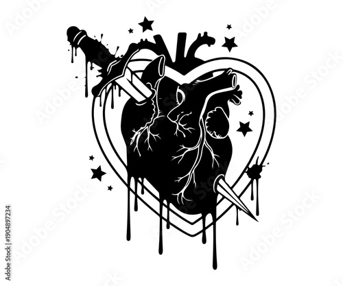 Striking Black-and-White Heart Illustration with Dagger, Halo Lines, and Scattered Stars Conveying Dramatic Emotional Intensity
