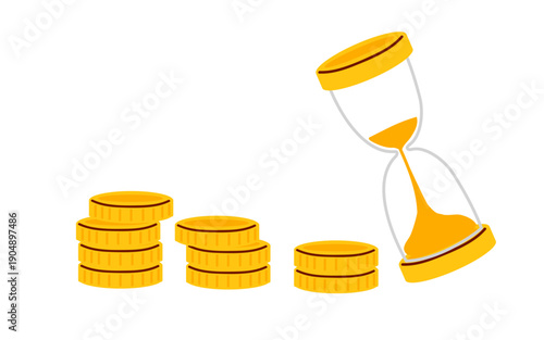Three neat stacks of gold coins with classic hourglass. Time value of money, savings growth, investment patience, financial planning, deadline for payments. Flat vector illustration for business
