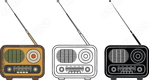 Vintage radio silhouette & Outline and illustration set isolated on transparent background