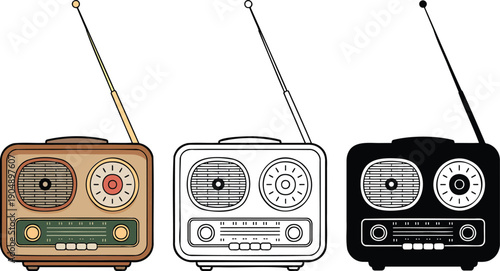 Vintage radio silhouette & Outline and illustration set isolated on transparent background