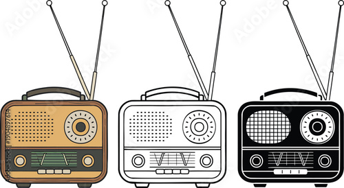Vintage radio silhouette & Outline and illustration set isolated on transparent background