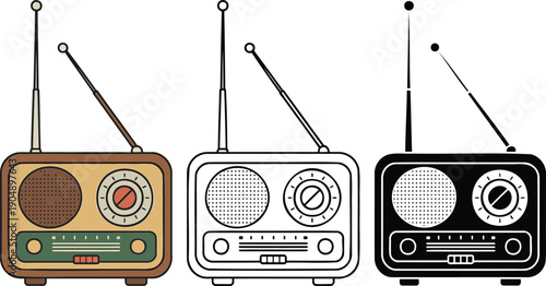 Vintage radio silhouette & Outline and illustration set isolated on transparent background
