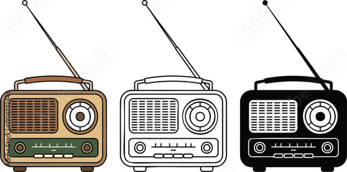 Vintage radio silhouette & Outline and illustration set isolated on transparent background
