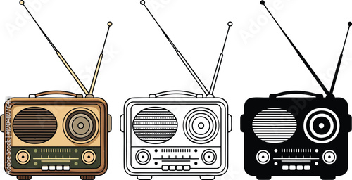 Vintage radio silhouette & Outline and illustration set isolated on transparent background