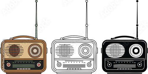 Vintage radio silhouette & Outline and illustration set isolated on transparent background