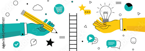 Stylized illustration of hands with pencil and light bulb, creativity and innovation concept, planning ideas, productivity, communication design