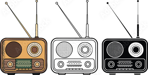 Vintage radio silhouette & Outline and illustration set isolated on transparent background