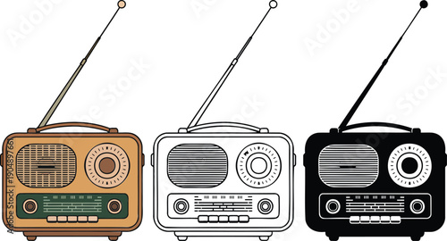 Vintage radio silhouette & Outline and illustration set isolated on transparent background