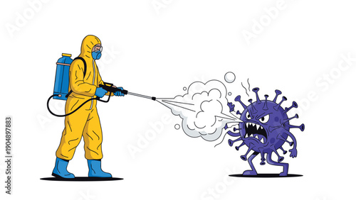 Specialist in a yellow hazmat suit uses high pressure spray to battle a giant angry purple virus microbe in a sanitization effort.