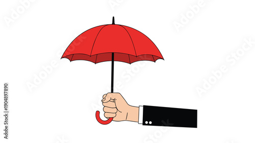 Hand of a businessman in a suit sleeve holding an open red umbrella for protection against rain or unpredictable weather conditions.