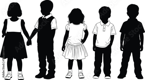 Group of Five Children Silhouettes Standing Together in a Row with Casual Clothing Details Vector Illustration