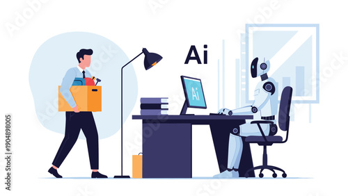 Human employee leaves the office with a box of personal belongings while an AI robot takes over his desk and computer workspace.