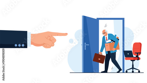 Corporate hand points a finger at an older employee carrying a box of personal items, illustrating retirement or unfair job termination.