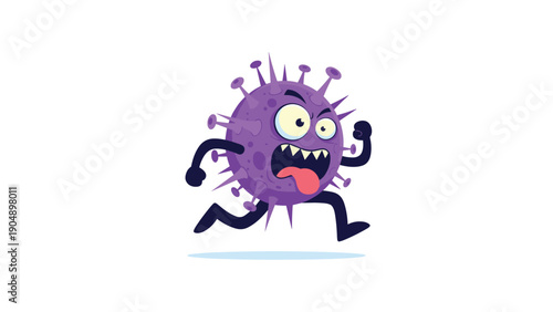 Angry purple virus cartoon character with sharp teeth and long tongue running fast to spread infectious disease.