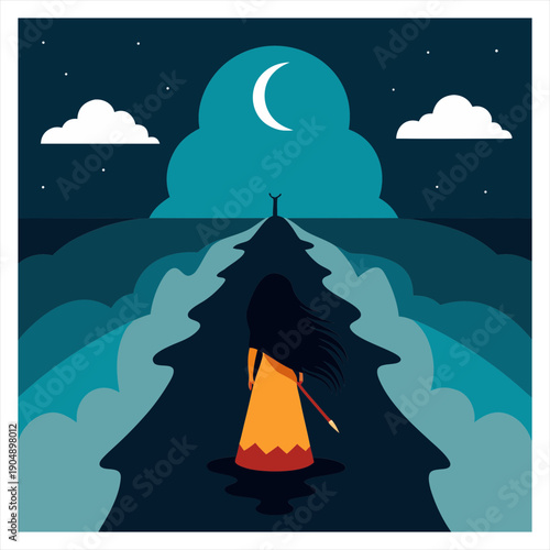 A girl on the cave road vector art illustration