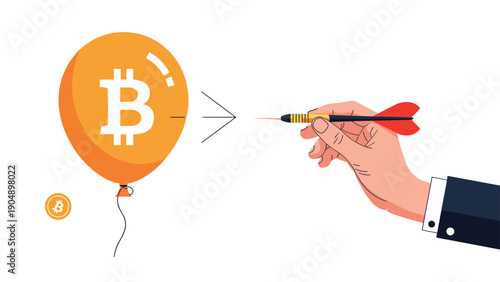 Hand holds a sharp dart ready to pop an orange balloon featuring a Bitcoin symbol, warning about the potential cryptocurrency market bubble.