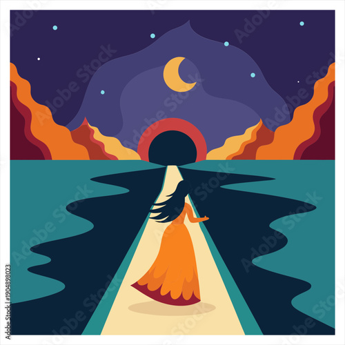 A girl on the cave road vector art illustration