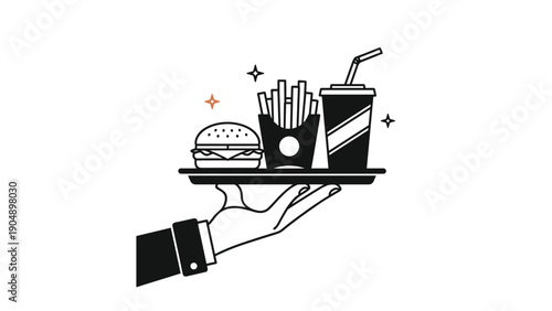 Black and white illustration of a hand in a suit sleeve holding a tray containing a hamburger, french fries, and a fountain drink.